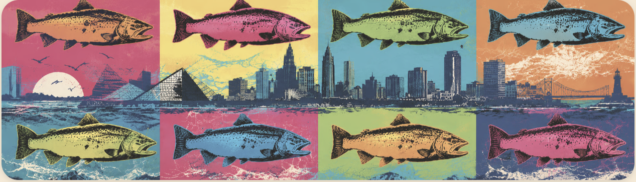 Rocky River steelhead, eight-panel screenprint over the Cleveland skyline