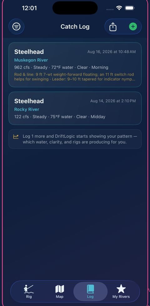 Catch Log tab with two logged steelhead