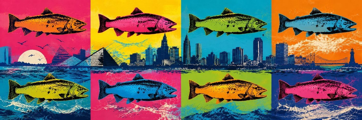 Pop-art steelhead over the Cleveland skyline