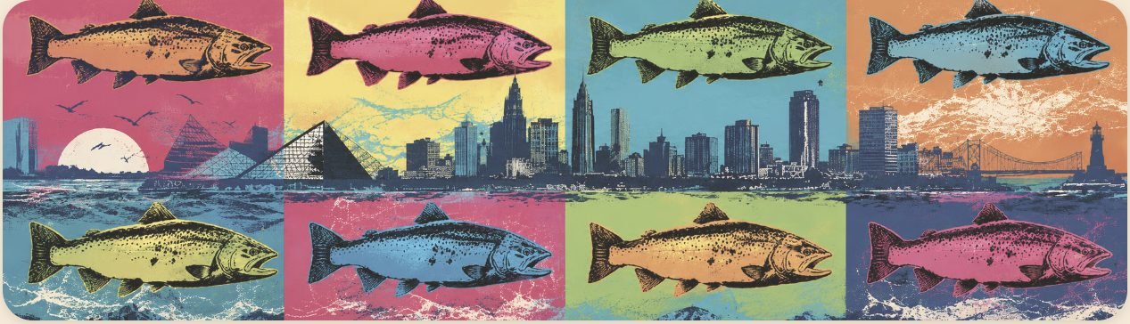 Rocky River steelhead, eight-panel screenprint over the Cleveland skyline